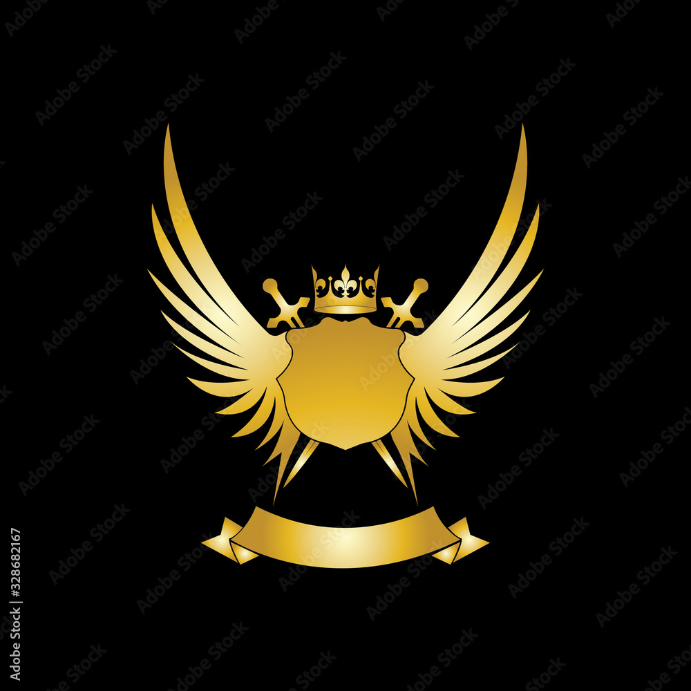 Heraldic Composition with crown, swords, wings, shield and ribbon. Heraldic Composition with crown, swords, wings, shield and ribbon.