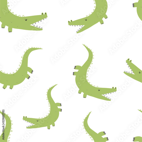 Vector hand-drawn seamless repeating color childish pattern with cute green crocodiles in Scandinavian style on a white background. Seamless pattern with crocodiles. Cute baby animals.