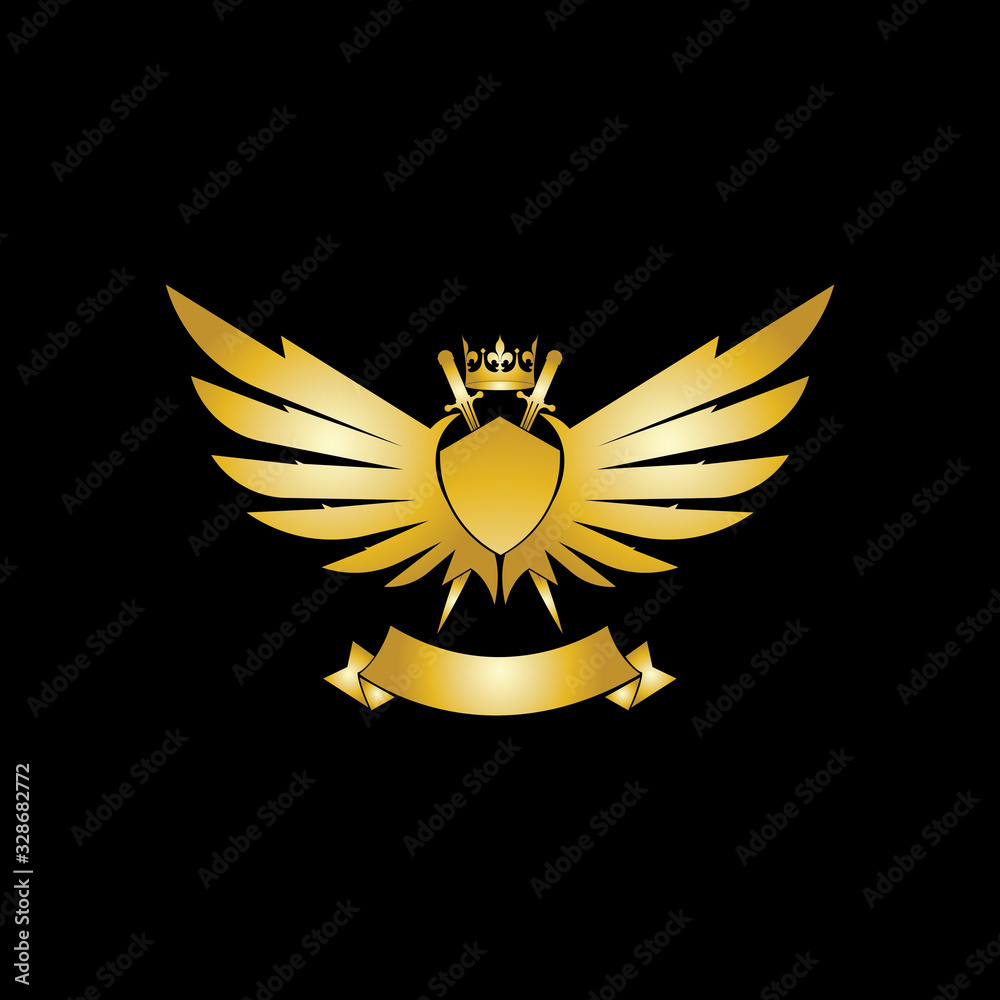 Heraldic Composition with crown, swords, wings, shield and ribbon. Heraldic Composition with crown, swords, wings, shield and ribbon.