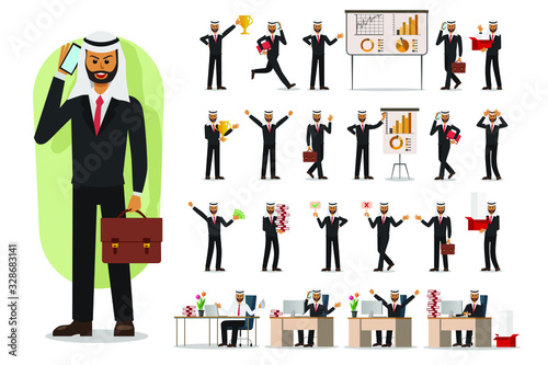 Set of Businessman character design, Muslim businessman. Vector illustration.
