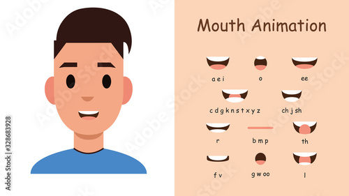 Mouth animation. Lip sync collection for animation. Cartoon mouth sync for sound pronunciation. Vector illustration in flat style