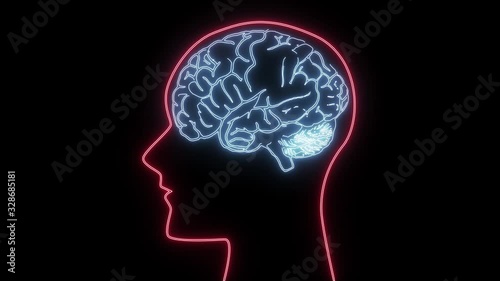 Human brain animation appearing on black background. New quality health. Technology, science, medicine, healthcare. Laser neon brain inside human head. Human body, head, brain