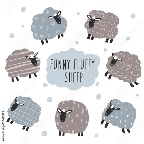 Vector color hand-drawn children`s set with cute fluffy lambs in Scandinavian style on a white background. Vector set with lambs and dots. Cute baby animals. Count the sheep. Sheeps.