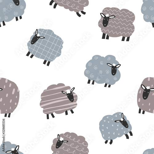 Vector seamless repeating hand-drawn color kids flat pattern with cute lambs in Scandinavian style on a white background. Baby seamless pattern with sheep. Cute baby animals. Sheep pattern