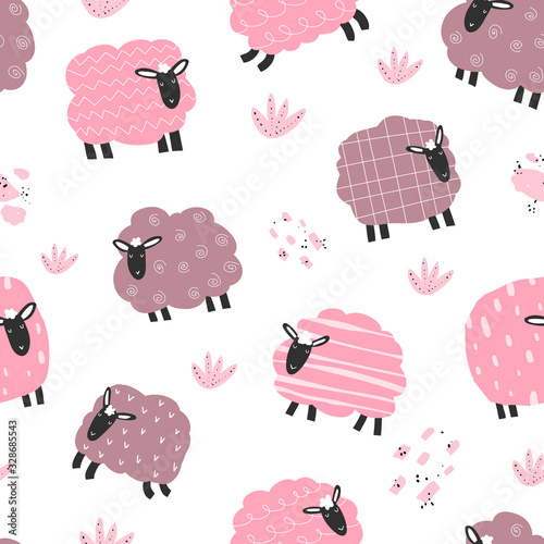 Vector seamless repeating hand-drawn color kids flat pattern with cute pink lambs, dots and plants in Scandinavian style on a white background. Baby seamless pattern with sheep. Cute baby animals.