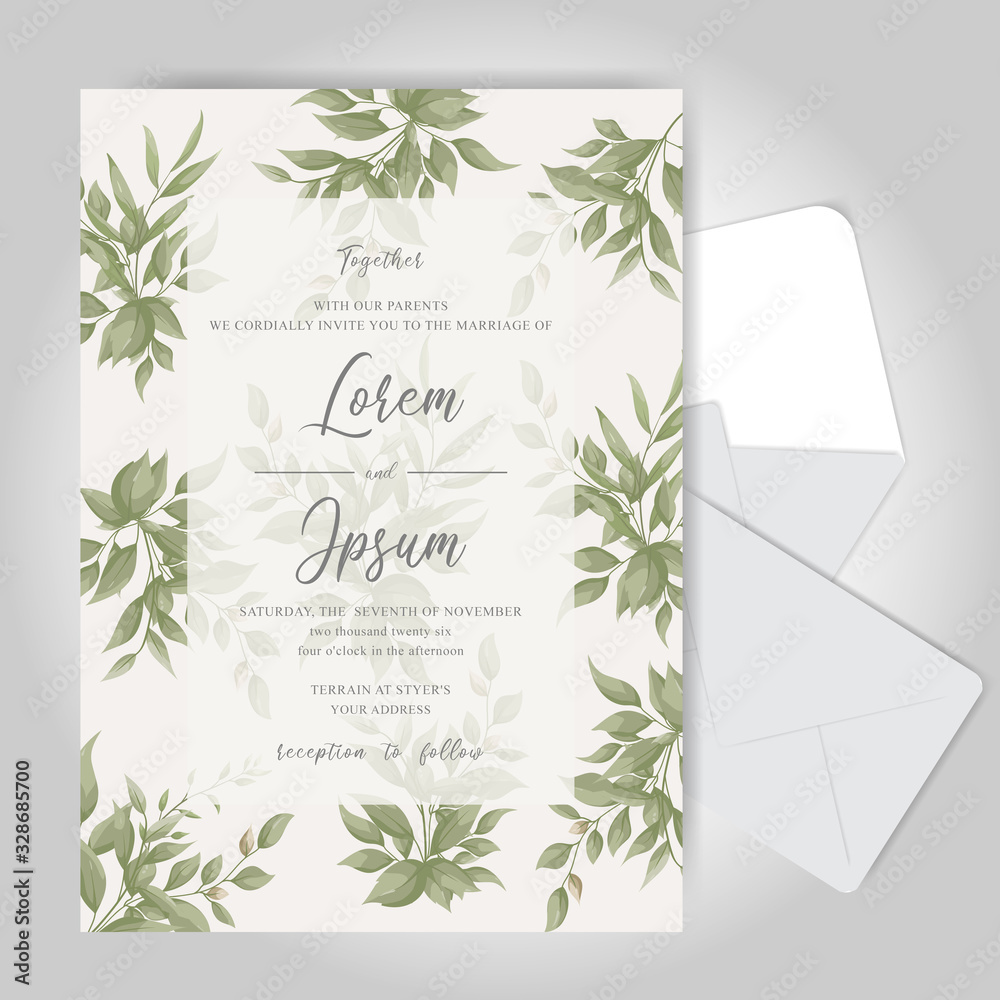 Elegant Wedding Invitation Cards Template with Foliage