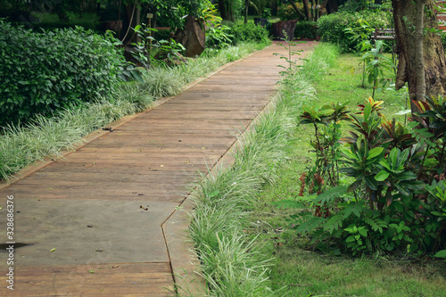 concrete brick pathway in green natural park