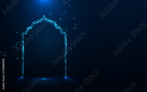 Eid Mubarak greeting Card. Ramadan Kareem background. Mosque door