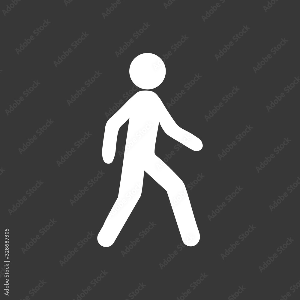 Man walk. White flat simple vector icon with shadow on a black background. Man walk. White flat simple vector icon with shadow on a black background.