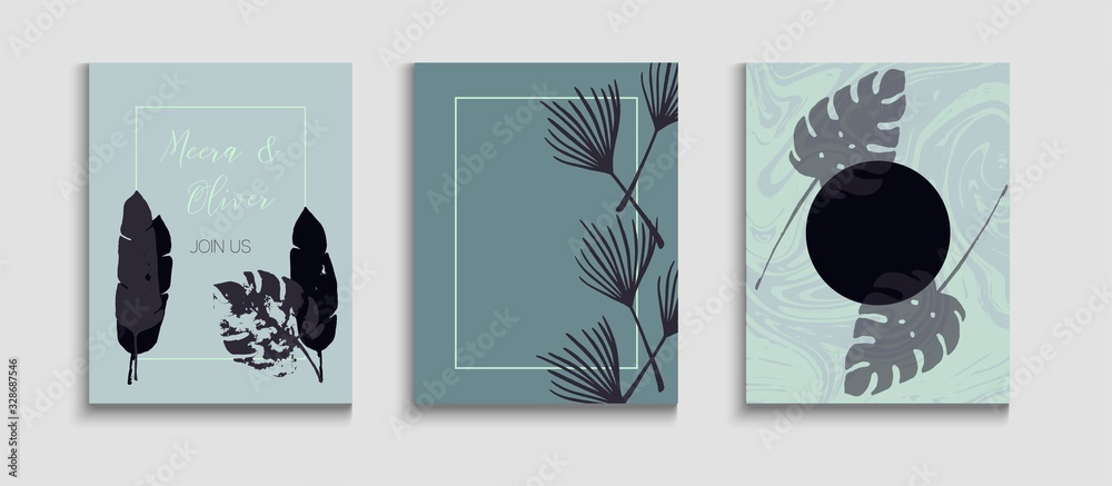 Abstract Elegant Vector Cards Set. Tie-Dye, Tropical Leaves Covers. 