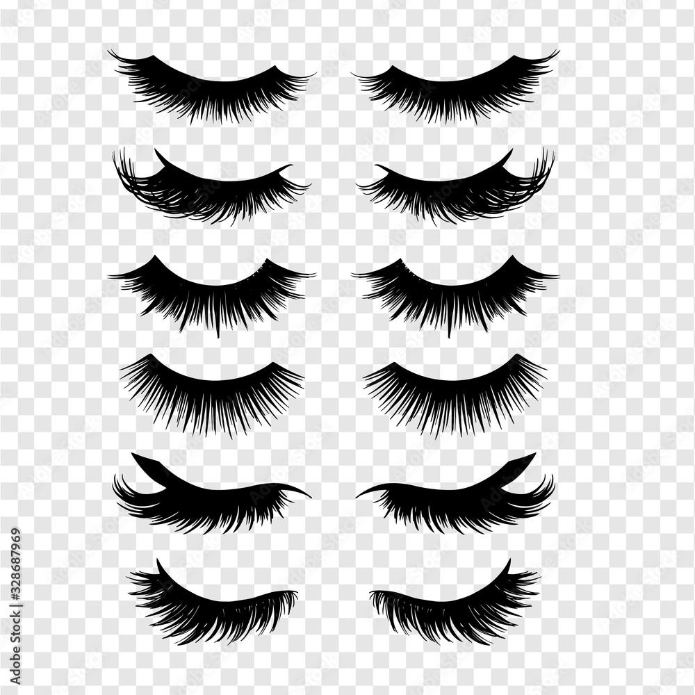 Long black lashes vector set. Different types Beautiful Eyelashes