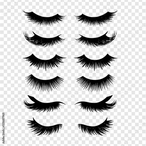 Long black lashes vector set. Different types Beautiful Eyelashes