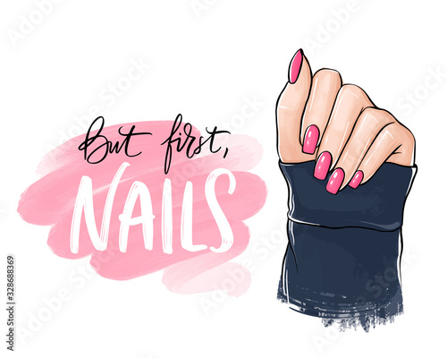Vector Beautiful woman hands with pink nail polish. Handwritten lettering about nails.