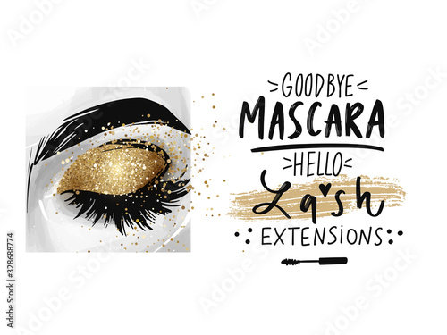 Closed eye with golden glitter eyeshadow and phrase about lash extensions.