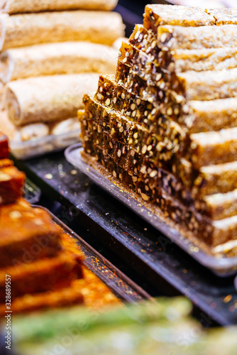 Turkish Delight rolls, sweet food close up in bazaar at Istanbul, Turkey