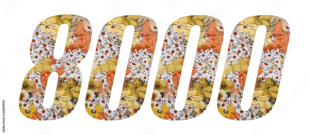 Number 8000 with flowered fabric texture on white background.
