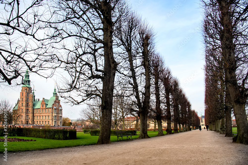 View to Rosenborg Slot Castle and the Kings Garden in Copenhagen, Denmark. February 2020