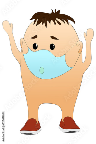 Character in a protective mask raised his hands. A man without clothes is protected from viruses and bacteria. Isolated on a white. Activist in a protest demonstration during an epidemic.