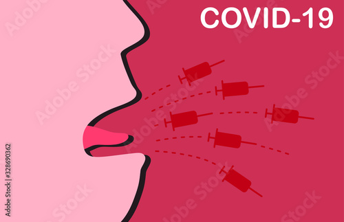 COVID-19 CONCEPT. Corona Virus spread by saliva or droplets. Syringe represent a disease spread out from cough. On red background.