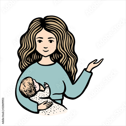 Smiling woman hold baby and point a hand. Hand drawn colorful vector stock illustration. Breast feeding. Mom on blue sweater with child.
