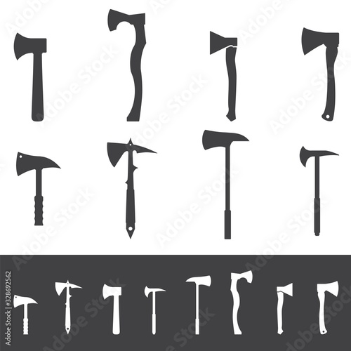 Set of various axe silhouettes. Collection of hatchets.