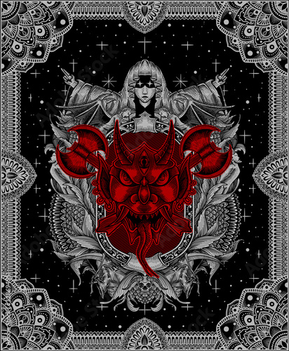 vector illustration Oni mask scary face Good for print on demand.