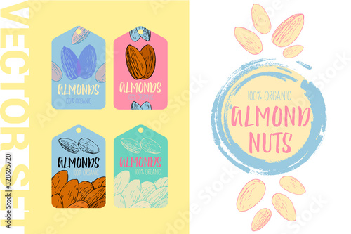 Vector Almond nut design element. Hand drawn colorful labels. Ready to use nut illustrations with brush stroke elements. 100% organic almonds tag set. Creative nut stickers ready for print and web.