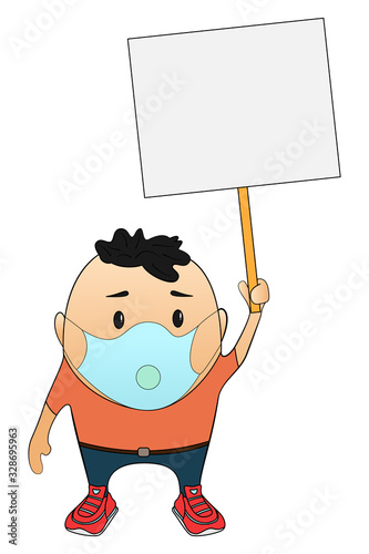 A man in a protective medical mask protests. Activist at a rally in the style of a cartoon. Protecting health during an epidemic at public events. The struggle for democracy.