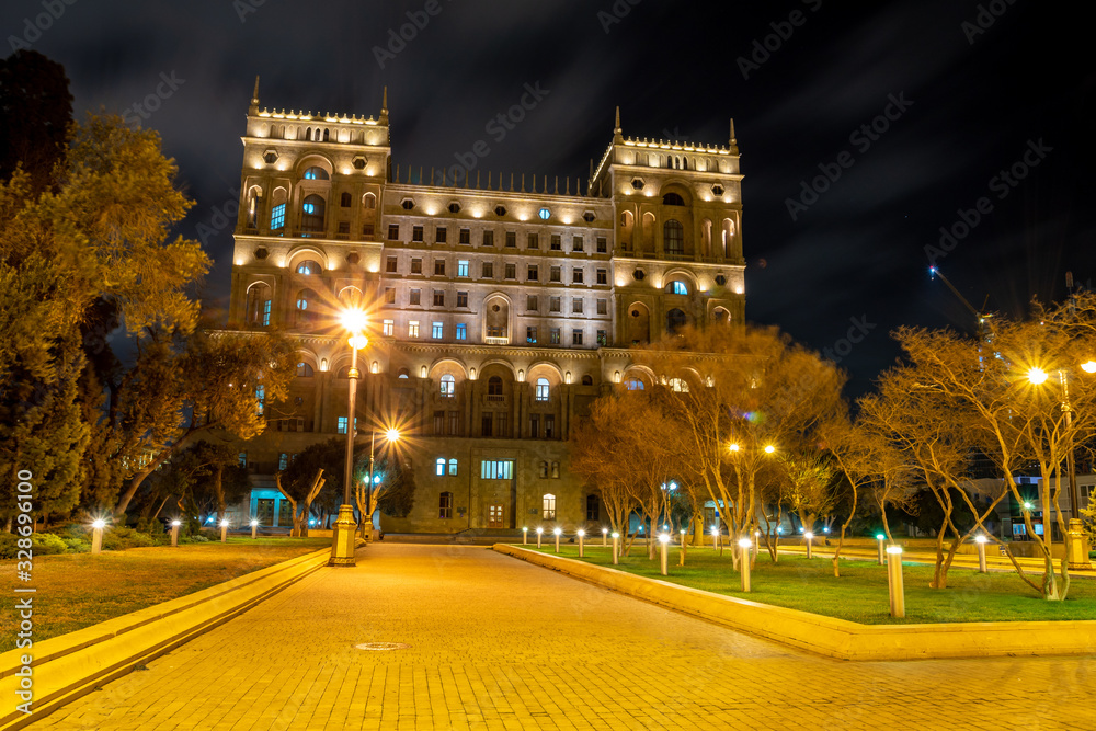 Beautiful Government House of Baku at night