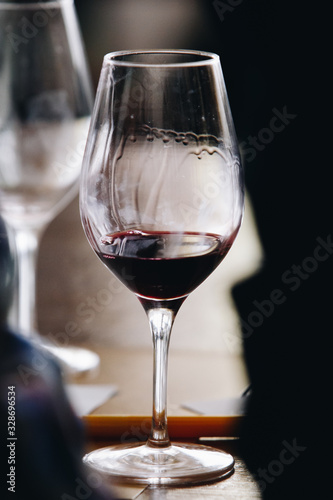 White, red and rose wine tasting close up view. Drop wine carafe.