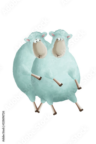 Two frightened sheep. Comic cartoon illustration, clip art on white background photo