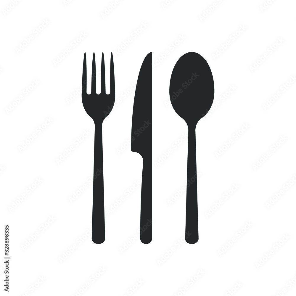 Fork knife and spoon icon logo. Simple flat shape sign. Restaurant cafe kitchen diner place menu symbol. Vector illustration image. Black silhouette isolated on white background. Fork knife and spoon icon logo. Simple flat shape sign. Restaurant cafe kitchen diner place menu symbol. Vector illustration image. Black silhouette isolated on white background.