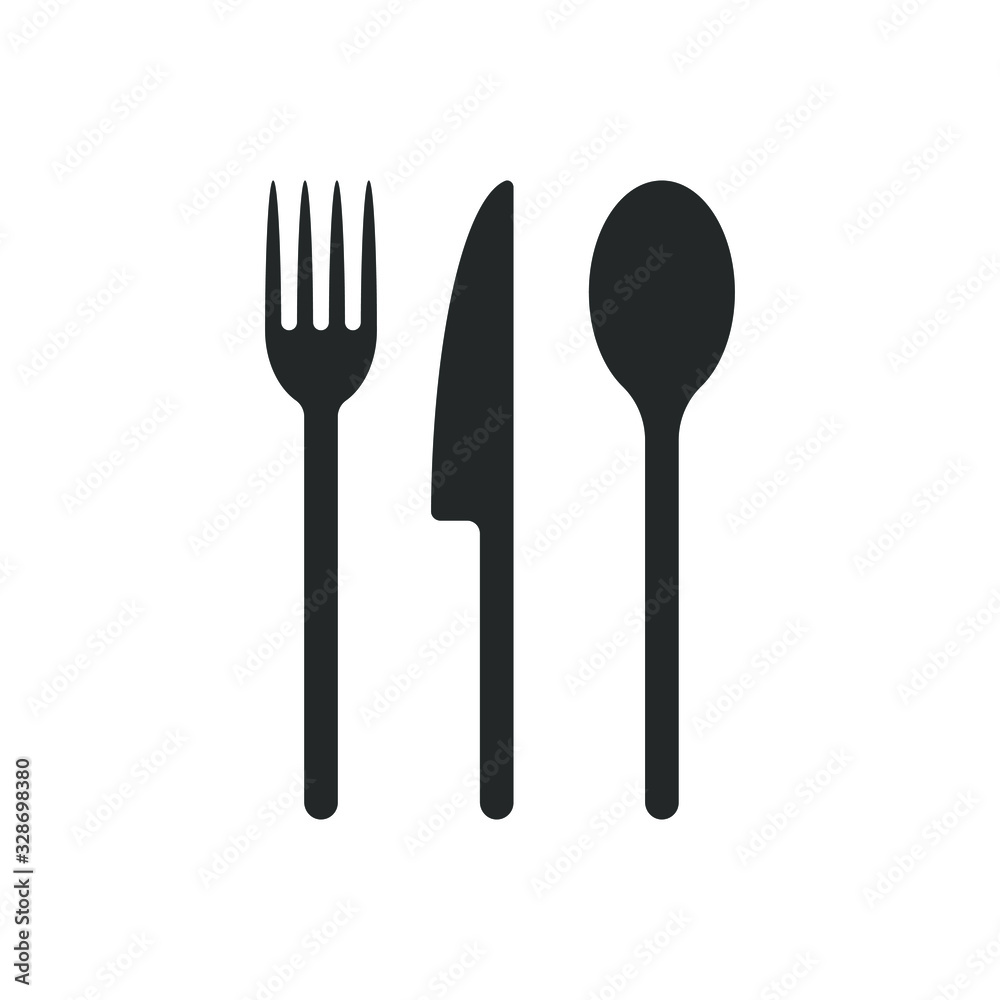 Fork knife and spoon icon logo. Simple flat shape sign. Restaurant cafe kitchen diner place menu symbol. Vector illustration image. Black silhouette isolated on white background. Fork knife and spoon icon logo. Simple flat shape sign. Restaurant cafe kitchen diner place menu symbol. Vector illustration image. Black silhouette isolated on white background.