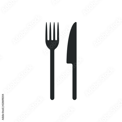 Fork and knife icon logo. Simple flat shape sign. Restaurant cafe kitchen diner place menu symbol. Vector illustration image. Black silhouette isolated on white background.