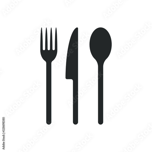 Fork knife and spoon icon logo. Simple flat shape sign. Restaurant cafe kitchen diner place menu symbol. Vector illustration image. Black silhouette isolated on white background.