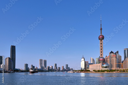 Landmark complex of Huangpu River City skyline on the Bund of Shanghai