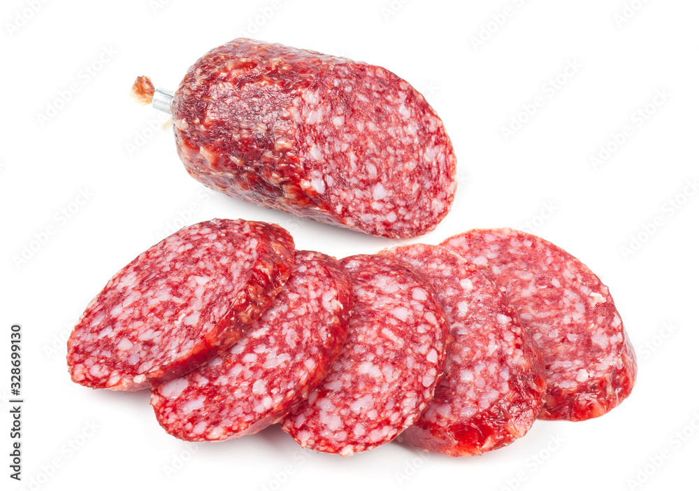 Sliced smoked sausage on white background Sliced smoked sausage on white background
