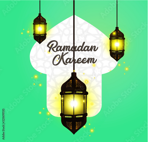 Ramadan kareem islamic greeting design with glow lantern illustration