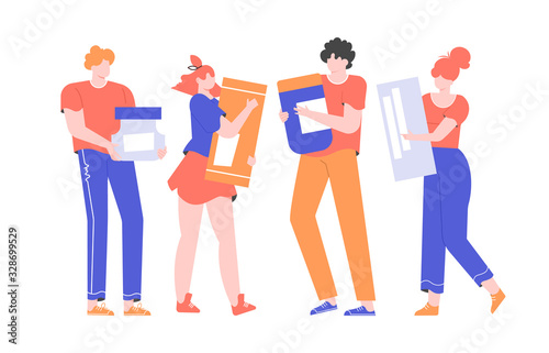 Men and women characters stand and hold tubes of medicines and vitamins. Health care, medication. Vector flat illustration.