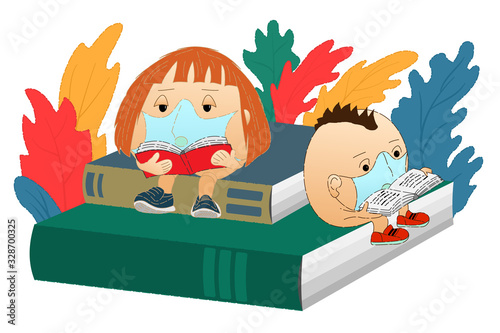 Maintaining health during viral epidemics. Two people in medical masks are reading books. Cartoon style characters. Background from bright tropical leaves.