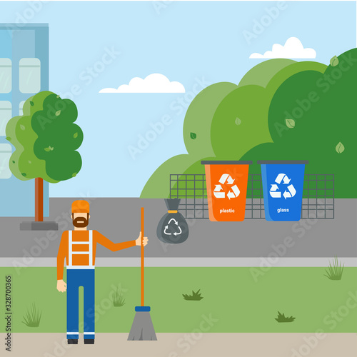 Garbage collection flat banner vector template. Happy man in uniform cartoon character. Municipal service poster layout. Smiling rubbish collector and waste disposal truck illustration