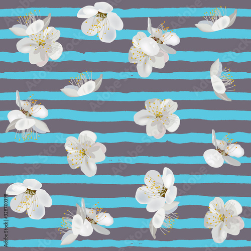 Seamless pattern with apricot blossom and grunge blue horizontal lines. Vector spring pattern on brown background. Floral background. Best for fabric, wrapping paper, home design. 