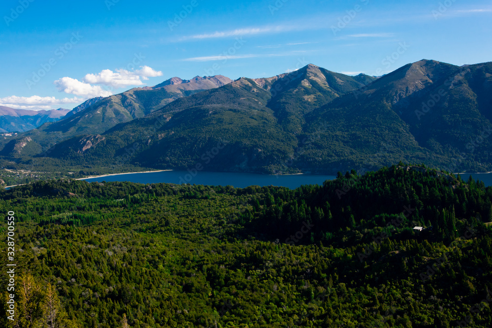 Obraz premium View of Perito Moreno Lake and the mountains taken from Mount Campanario viewpoint (Cerro Campanario). Bariloche, Argentina