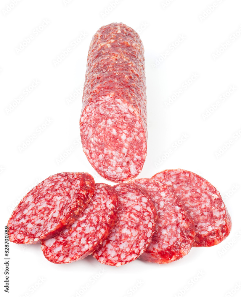 Sliced smoked sausage on white background Sliced smoked sausage on white background
