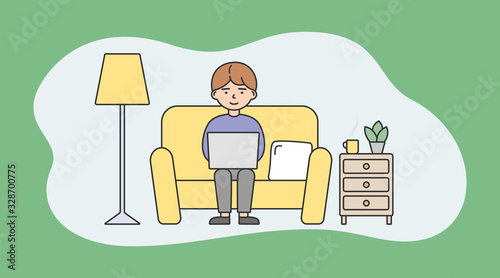 Freelance Work, Brainstorm And Self-Employment Concept. Busy Freelance Young Man Or Freelancer Is Working On Laptop Sitting On The Sofa At home. Cartoon Linear Outline Flat Style. Vector Illustration