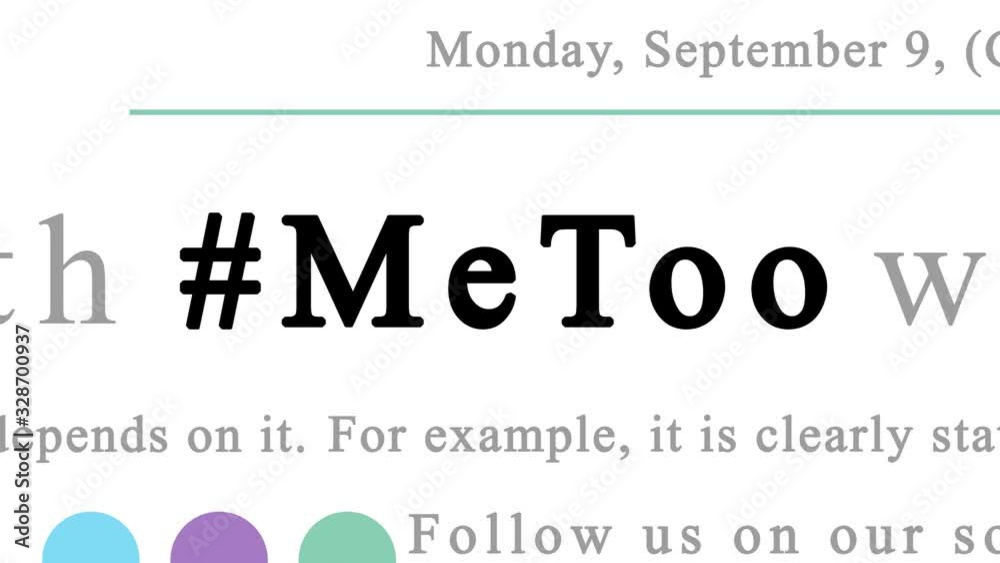 Zooming out animation on the hastag #metoo highlighted in multiple texts that are looking to be media news articles and blog posts of different sources. White background.