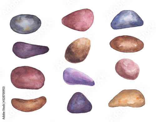 Watercolor collection of color stones. 