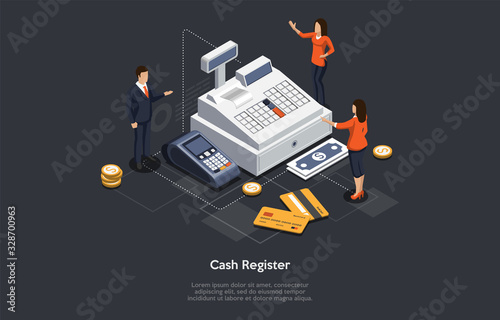 Isometric Cash Register Concept. Tiny Characters At Huge Cash Register. Woman Cashier Is Accepting Payment For Goods Or Services. Customers Are Paying By Card Or Cash. Cartoon Vector Illustration