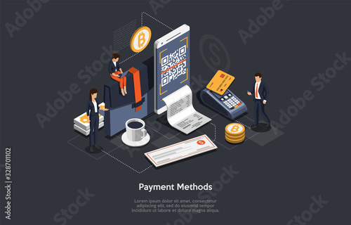 Concept Of Isometric Payment Method. People Are Paying For Goods Or Services Choosing Different Methods Of Payment. Characters Pay By Card, Cash, By Smartphone Or Wire Transfer. Vector Illustration