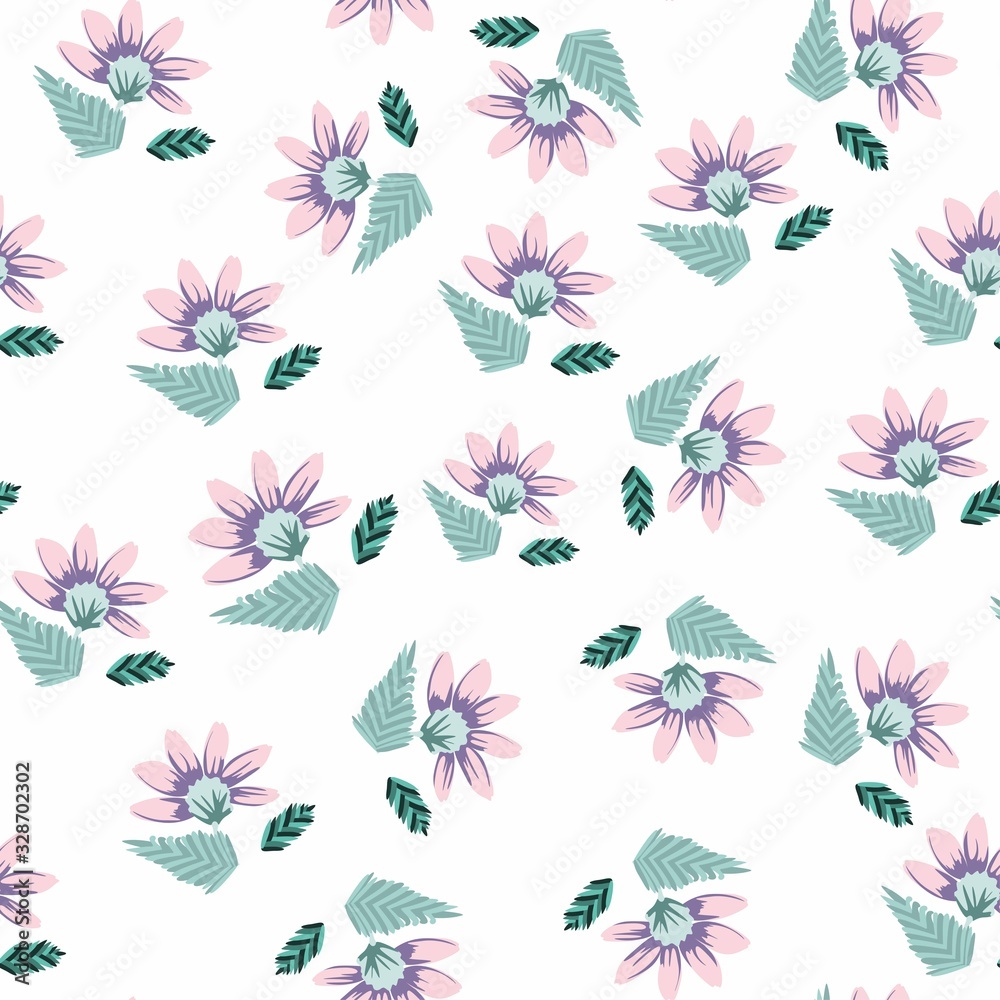 Seamless repeat pattern with flowers in pastel violet colors on white background. Hand drawn fabric, gift wrap, wall art design.